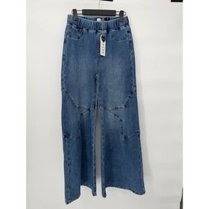 SAIGE Wide Leg Knit Denim Jeans Pull On Mesh Panel Style PB173D Size L 30W